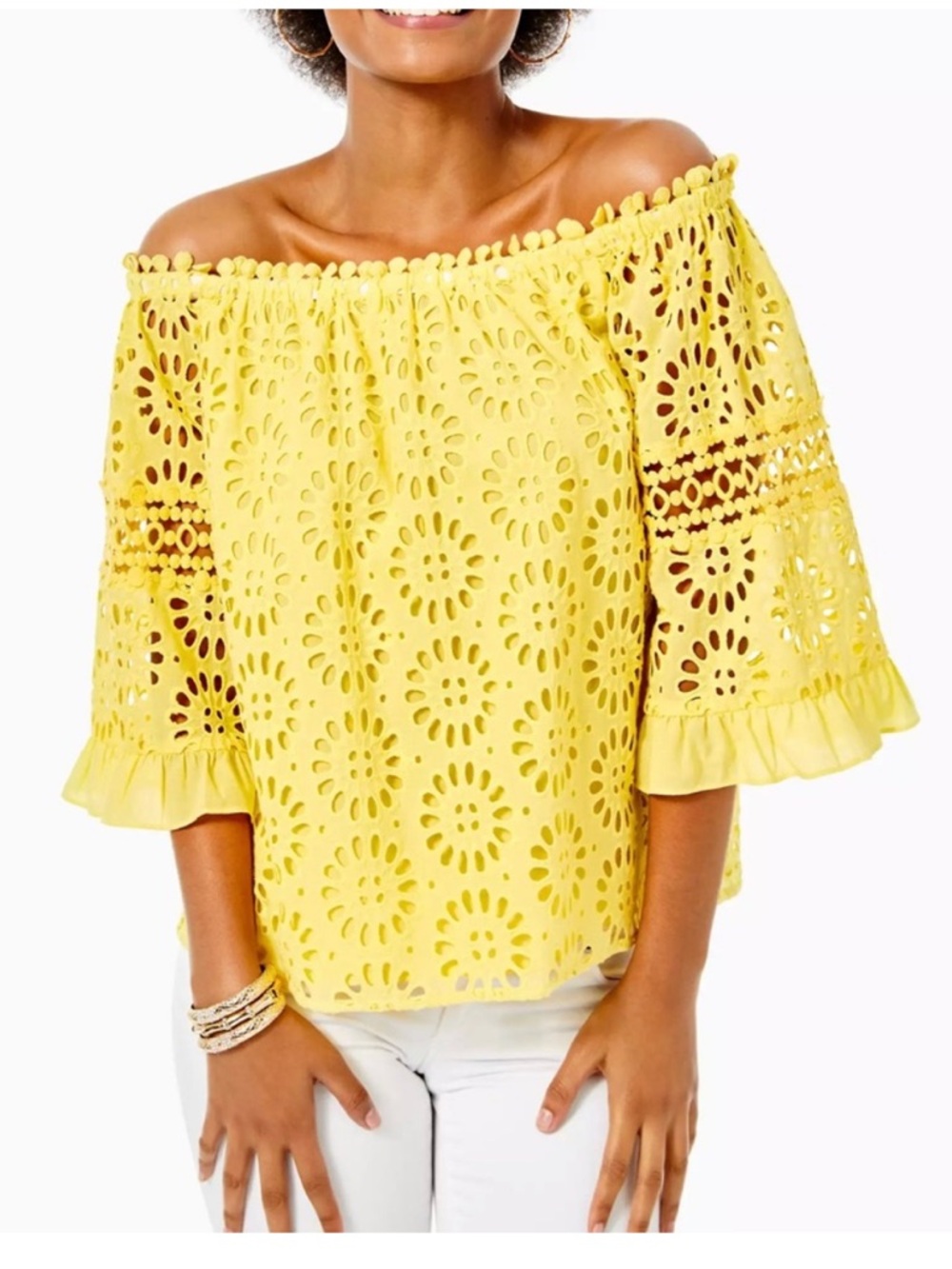 Lilly Pulitzer Laureene Yellow Off-Shoulder Eyelet Blouse. Womens‎ Size S. NWOT